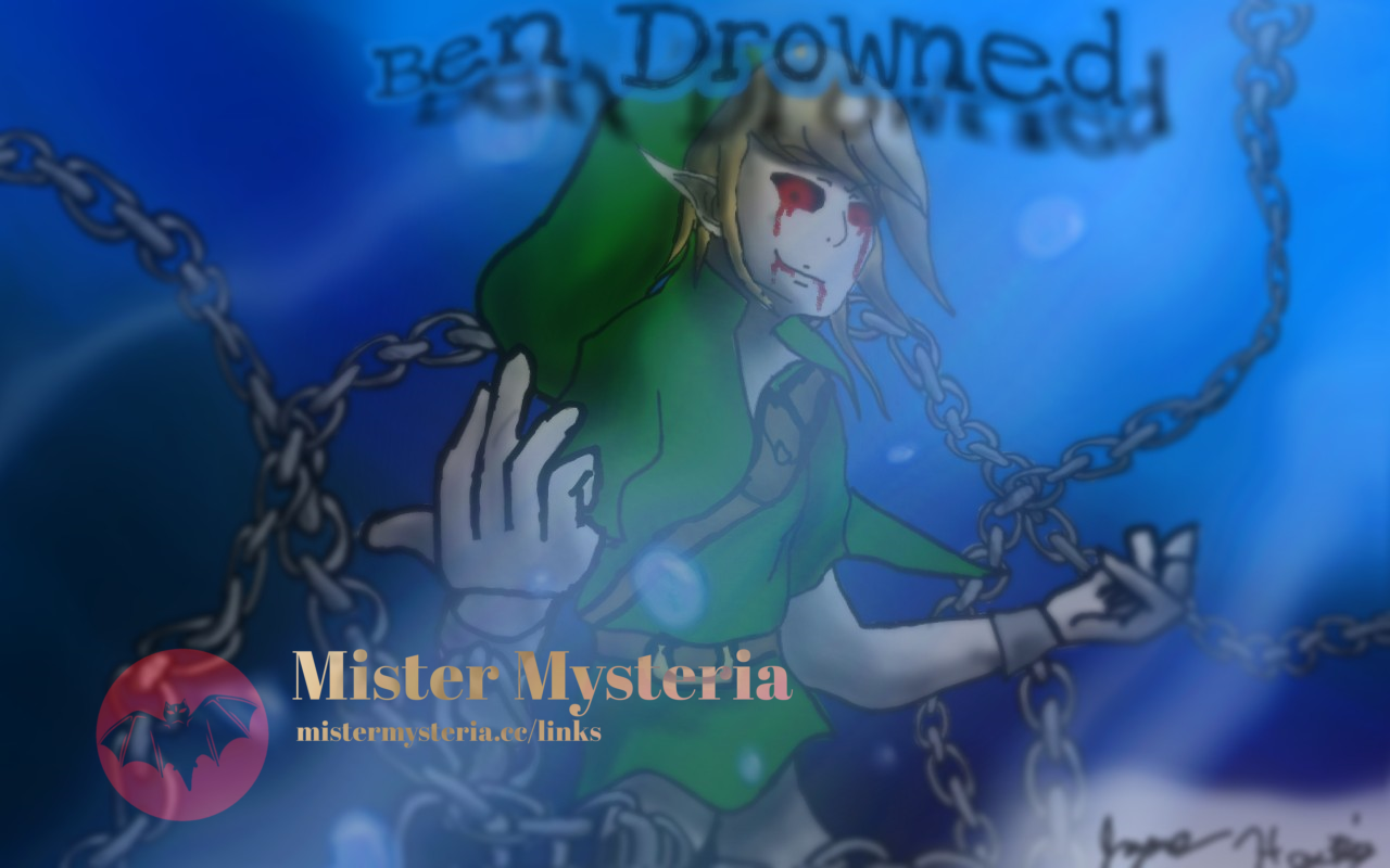 Fan art of CreepyPasta character Ben Drowned underwater, bound by chains and surrounded by bubbles, his name written across the top. Contains the Mister Mysteria watermark.