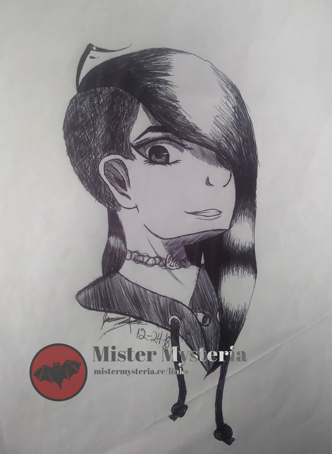 A headshot of a smirking girl with long hair and a hoodie. Contains the Mister Mysteria watermark.