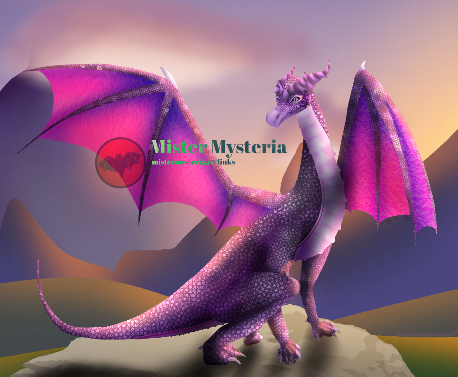 A pink and purple dragon standing on a rock with an outstretched wing. The sun is setting behind mountains in the background. Contains the Mister Mysteria watermark.