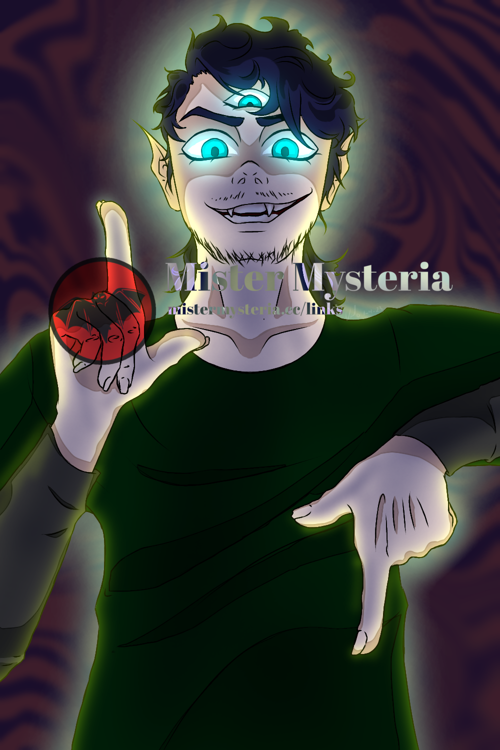A man with black hair, three cyan eyes, fangs, and a smirk making the "as of above, so below" hand gesture. Contains the Mister Mysteria watermark.