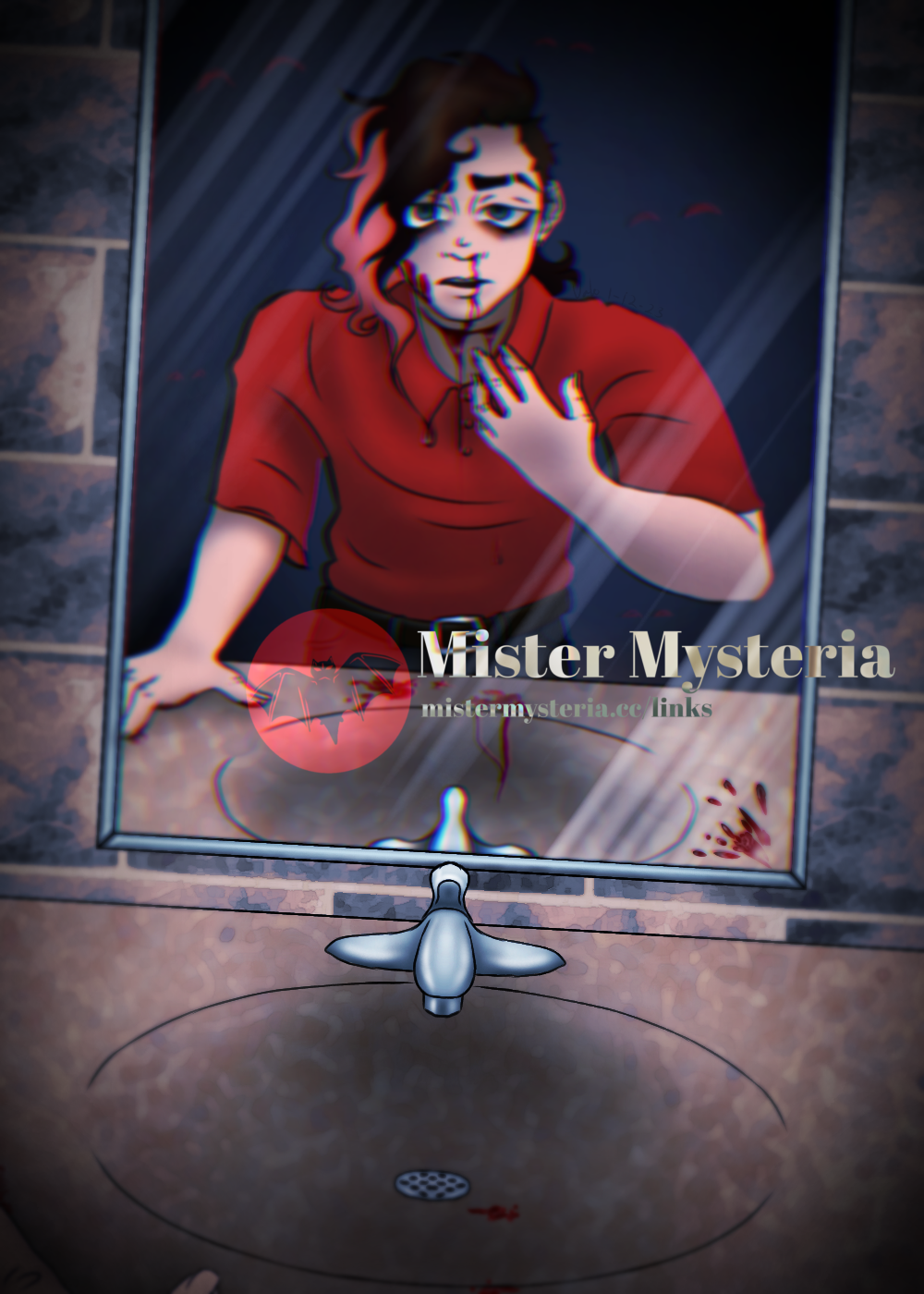A bathroom mirror reflecting a very tired looking person with black and red hair, a red work uniform, a nosebleed, and other bleeding injuries leaning over the sink. Contains the Mister Mysteria watermark.