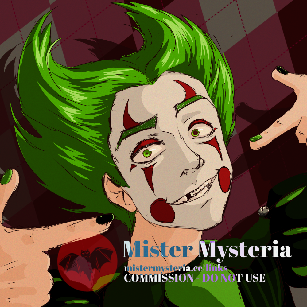A clown with a missing tooth, anisocoria (unequally dilated pupils), bright green hair styled into a crescent, and painted nails pointing at his smile. Contains the Mister Mysteria commission watermark.
